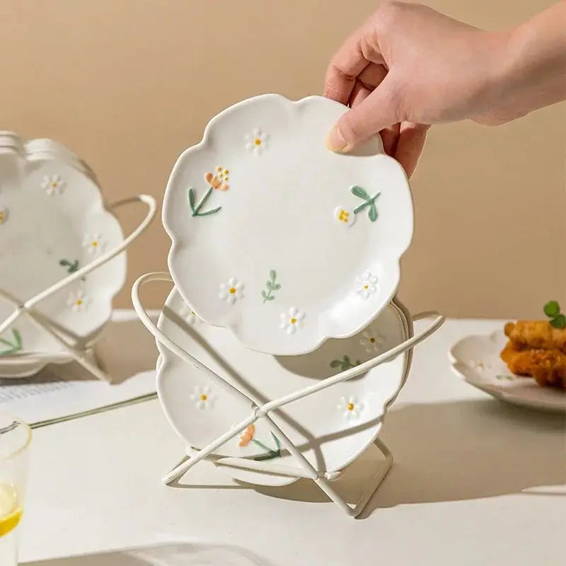 4piece Flower Ceramic Dinner Plate Set 3D Relief Dessert Plate Kitchen Pasta Bread Dish Tableware Service Dish 6/8.5inch Frosted