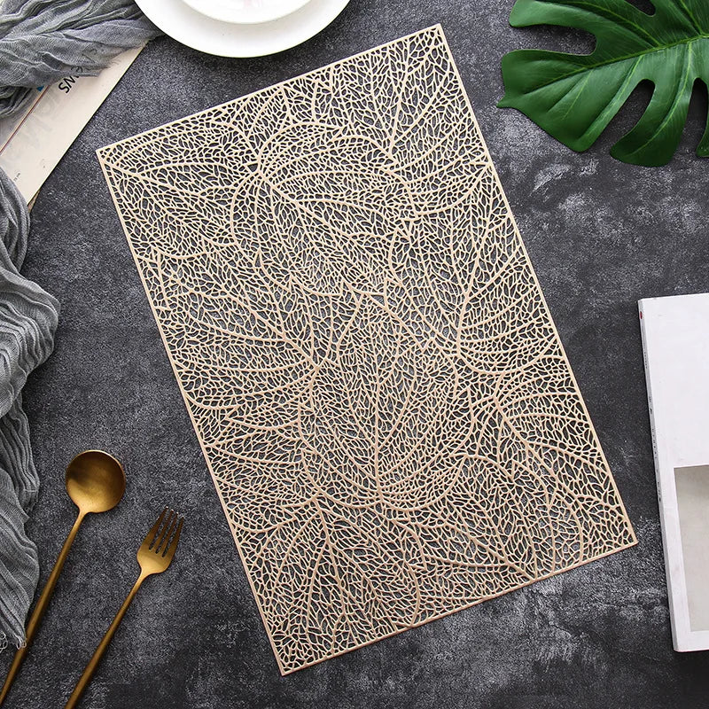 6/4pcs Rectangular Leaf Shape PVC Placemat Bronzing Hollow Table Mat Nordic Style Table Decoration Mat Tea Coffee Table Pad
