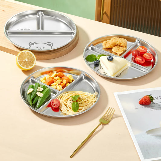 WORTHBUY 304 Stainless Steel Divided Food Plate Dish Salad Barbecue Plate Stackable Breakfast Plate Dishwasher Safe Tableware