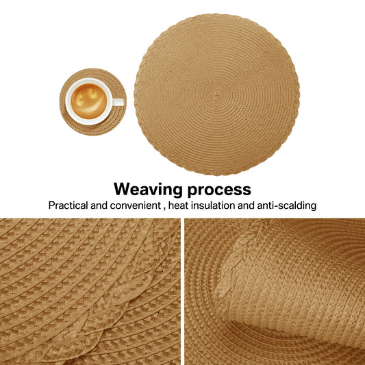 Set of 6 Round Placemats and Coasters Braided Woven Place Mats Washable Heat Resistant Table Mats for Dining Table Kitchen Home