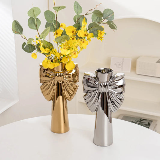 28cm Modern-Minimalist Bow Ceramic Vase, Perfect for Office & Living Room, Ideal for Hydroponic Plants & Home Decor
