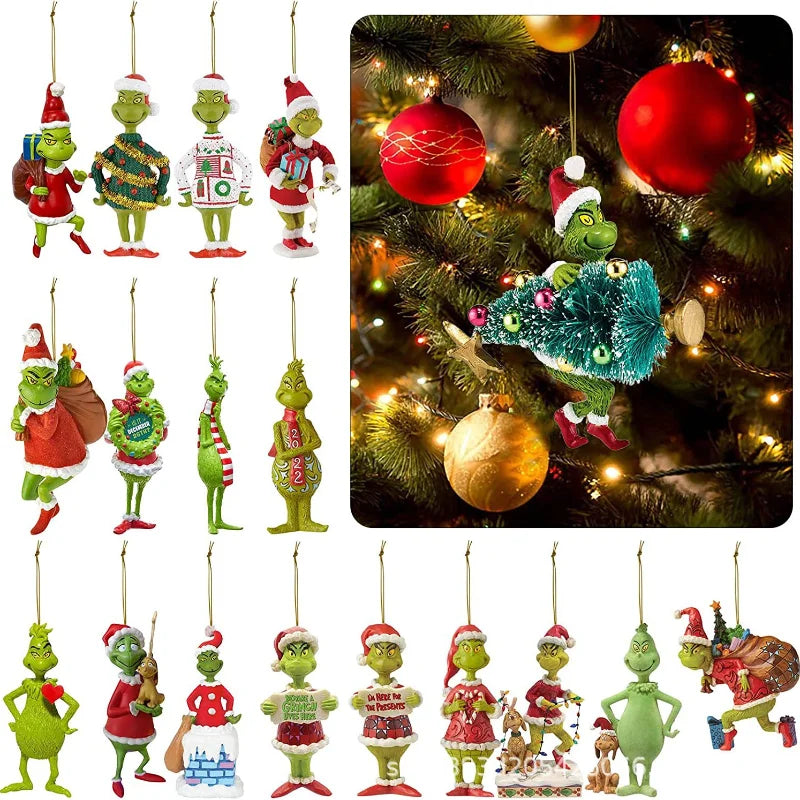 18Pcs 2D Acrylic Christmas Tree Green Monsters Ornaments Funny Xmas Tree Hanging Decor Christmas Party Supplies