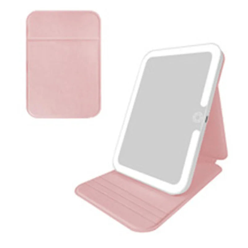 Rechargeable Tri-light LED Makeup Mirror with Leather Case Square Folding Portable Travel Vanity Light Cosmetic Mirror