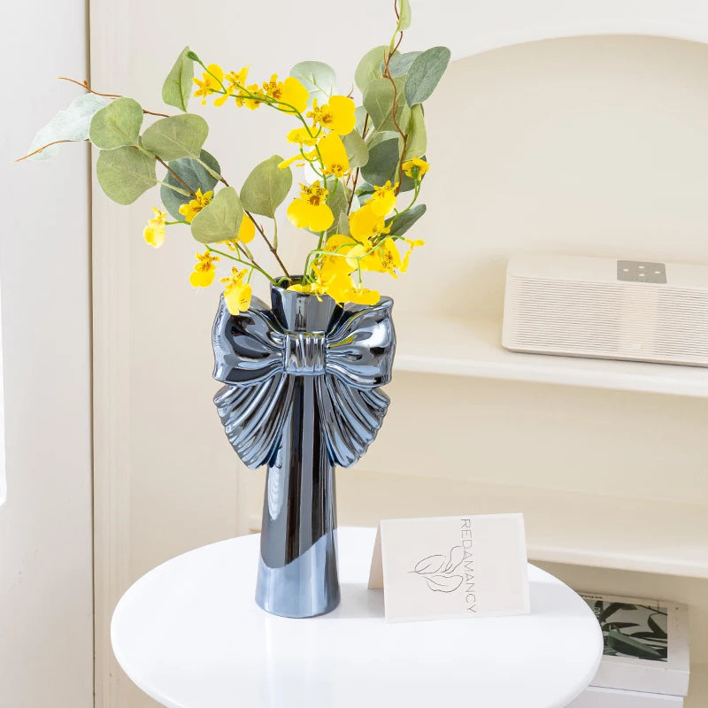 28cm Modern-Minimalist Bow Ceramic Vase, Perfect for Office & Living Room, Ideal for Hydroponic Plants & Home Decor