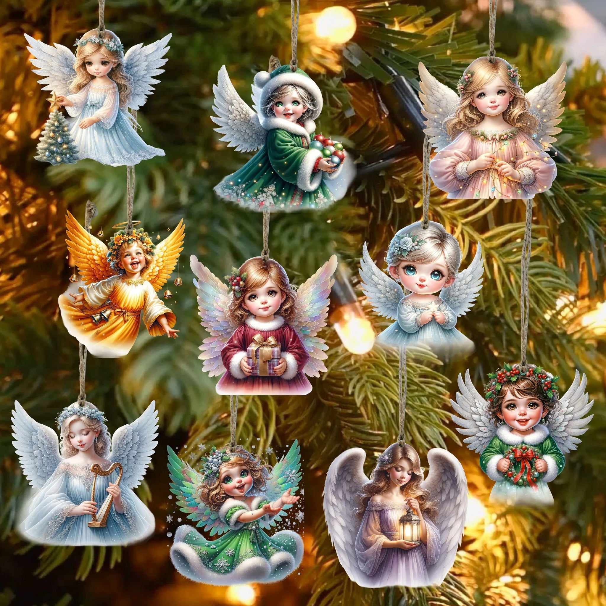 10PCS Handmade Wooden Christmas Angel Ornament with Rope - Holiday Tree Decoration, Battery Free