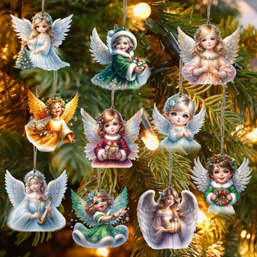 10PCS Handmade Wooden Christmas Angel Ornament with Rope - Holiday Tree Decoration, Battery Free