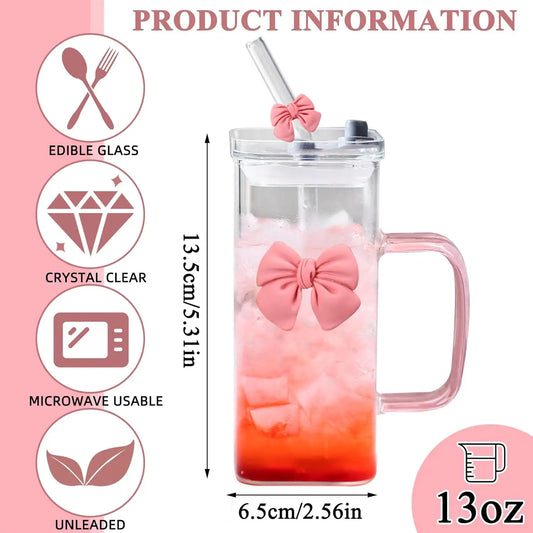 13Oz Square Glass Cups with Lids and Straws，Heat Resistant Glass Tumbler with Handle Bow Knot Transparent Drinking Glasses for W