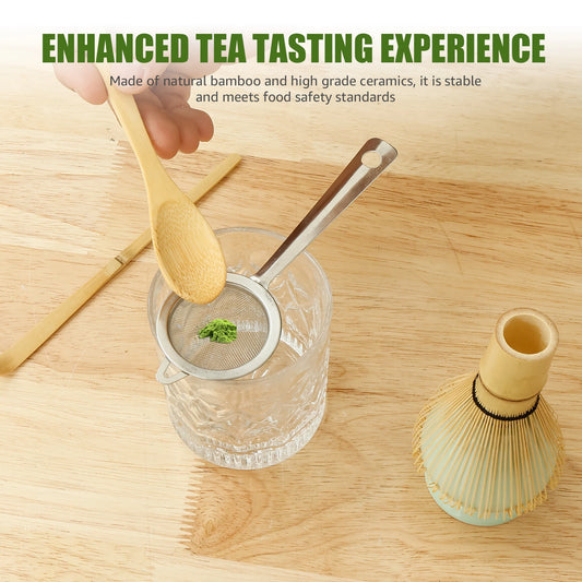 5Pcs Matcha Tea Making Tool Set Bamboo Matcha Whisk Set with Whisk Holder Spoon Scoop and Sifter for Tea Lovers