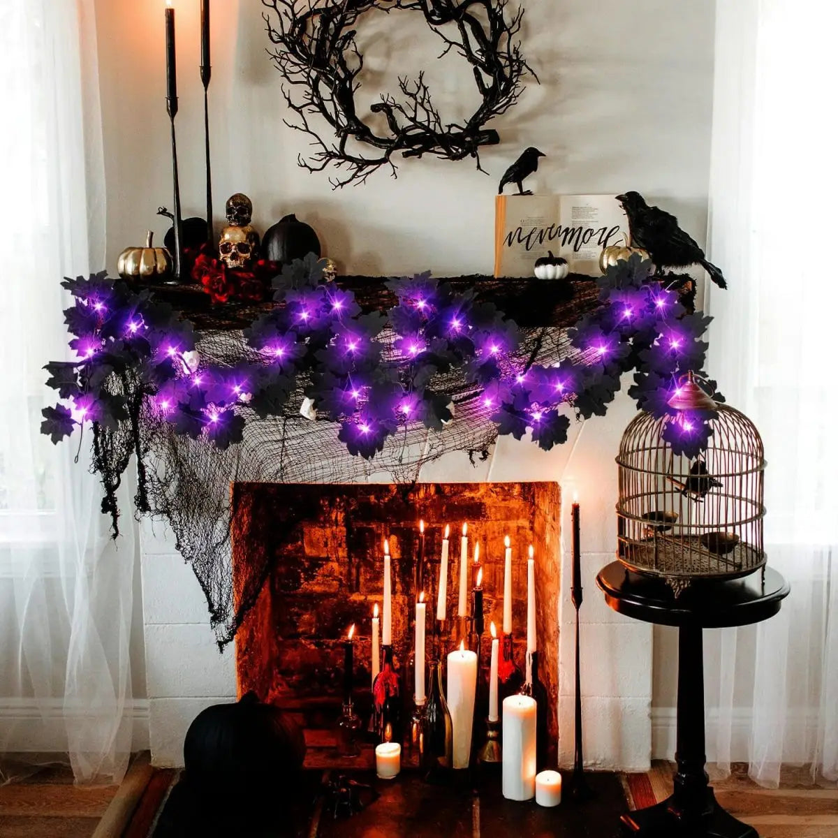 1pc Halloween Artificial Hanging Fall Leave Vines With 20 LED Black Leaf Garland With Purple Lights Battery Powered Horror Atmo
