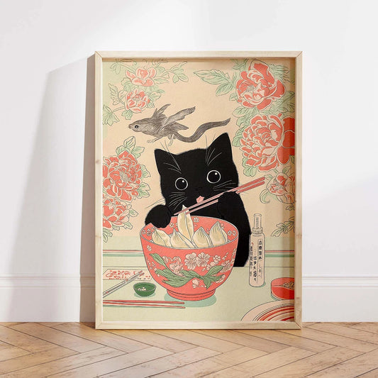 Black Cat Drinking Tea Japan Art Print Wall Decor Neutral Minimalist Aesthetic Wall Art Pictures Unique Cat Lover Gift Poster