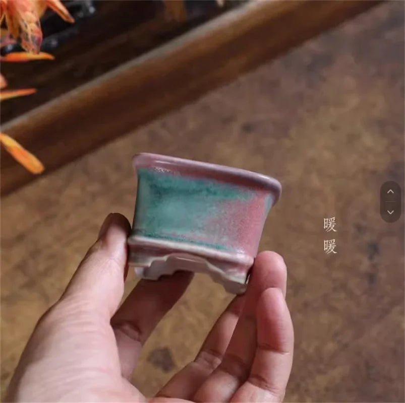 Ceramic Glazed Bonsai Pot, Colorful, Square, Traditional Chinese Shape, Garden Decoration