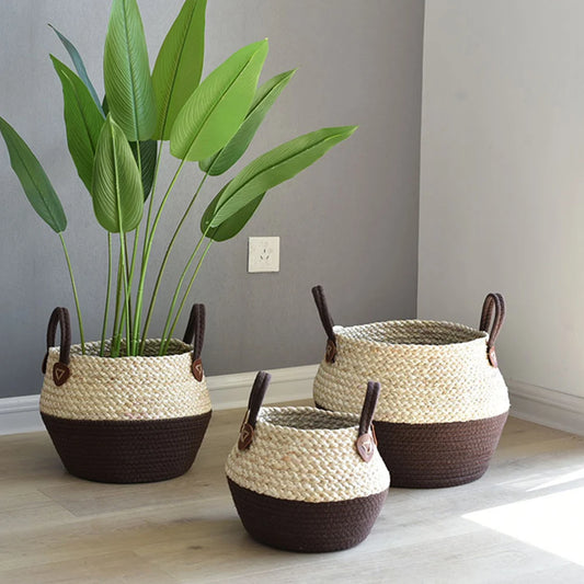 Straw Weaving Flower Pot With Double Handle Stylish Sturdy Decorative Props Garden Accessories