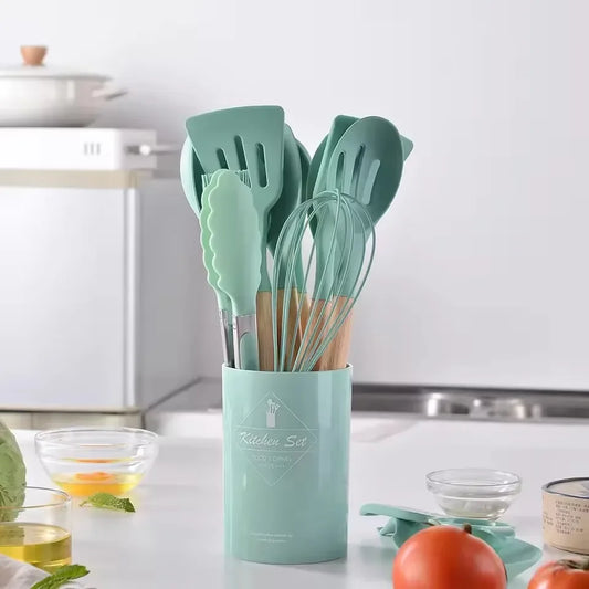 12Pcs Silicone Kitchen Utensils Set – Food Grade Cooking Tools with Turner, Spatula, Measuring Spoons & Holder | NaturalBuiltHome