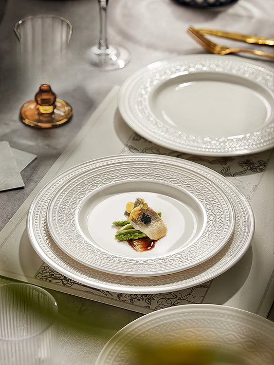French relief steak dinner plate Deluxe sense light luxury household ceramic pasta plate plate kitchen cutlery