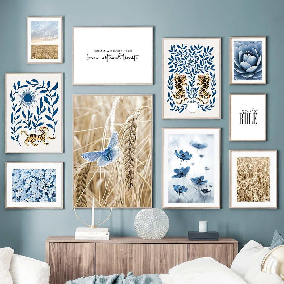 Blue Flower Butterfly Tiger Golden Wheat Wall Art Canvas Painting Nordic Posters And Prints Wall Pictures For Living Room Decor