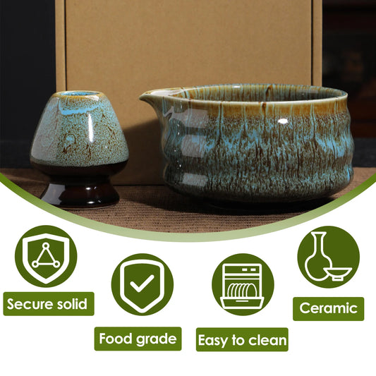 Ceramic Matcha Bowl and Whisk Set Sturdy Elegant Easy to Clean Matcha Mixing Bowl Kit Heat Resistant Japanese Tea Kit for