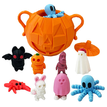 8pcs 3D Printed Halloween Pumpkin Mini Animals Set Halloween Pumpkin Candy Buckets Halloween Fidget Toys with Container for Kids