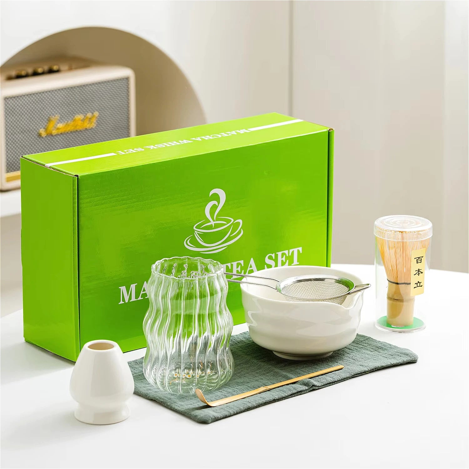 Tiki Best Selling 7-Piece Matcha Kits Tea Set Ceramic Bowl Glass Cup Bamboo Whisk Stand Chasen Matcha Tea Gift Box for Home Use