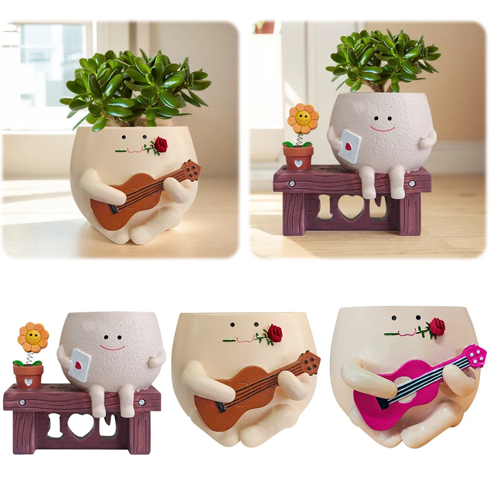 Resin Smile Face Plant Pot Sitting Long Chair Succulent Smile Face Planter Desktop Decorative Flower Pots Gardening Accessories