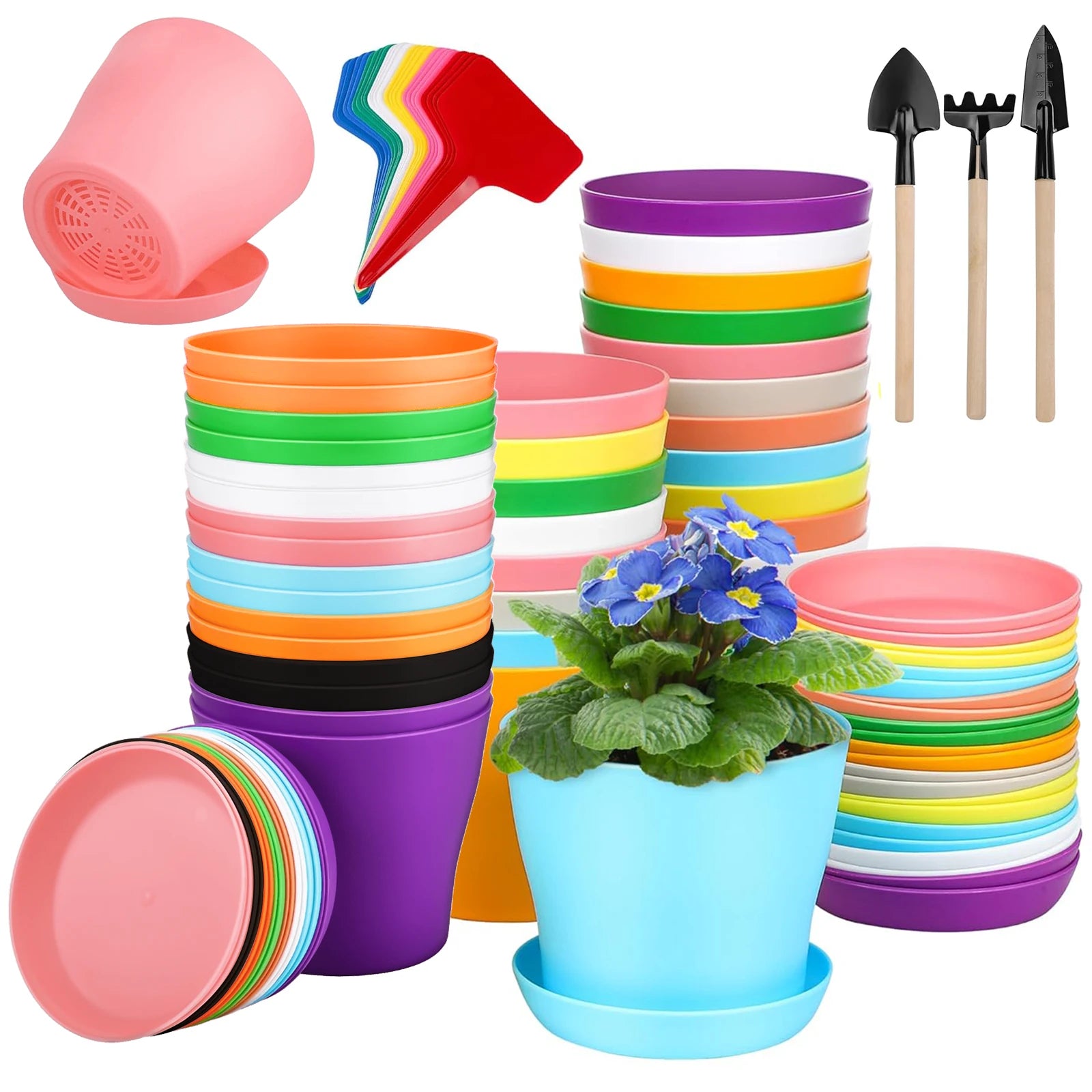 Plastic Plant Pots with Saucers Colorful Flower Plant Container Seed Starting Pots  for Home Garden , 7 Colors