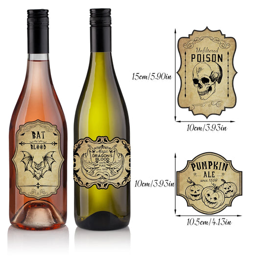12/24PCS Halloween Retro Horror Gothic Wine Bottle Decals – Vintage Witch Potion Graffiti Stickers for Party Decor