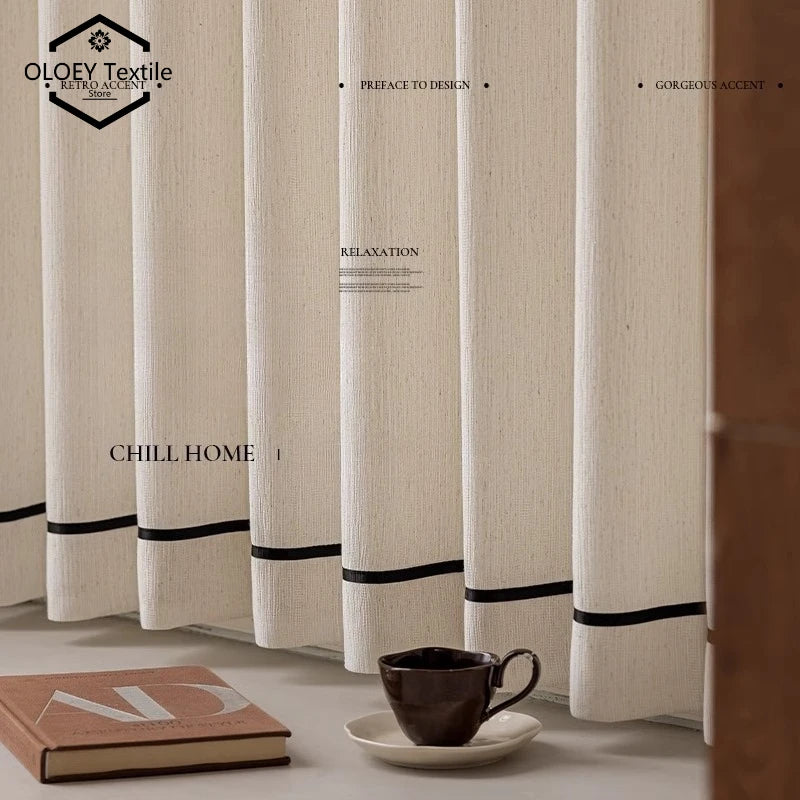 Curtains for Living Room Bedroom in Premium Black Edge Linen Voile with French Vintage Lace Stitching Semi Sheer Privacy Drapes