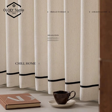 Curtains for Living Room Bedroom in Premium Black Edge Linen Voile with French Vintage Lace Stitching Semi Sheer Privacy Drapes