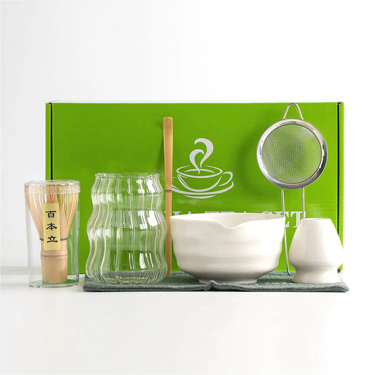 Tiki Hot Selling 7-Piece Matcha Kits Tea Set Glass Cup Ceramic Bowl Bamboo Whisk Stand Chasen Matcha Tea Gift Box for Home Use