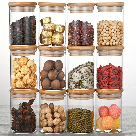 12 PCS Glass Spice Jars with Bamboo Lid Food Airtight Storage Set for Kitchen Accessories Home Lids Labels Containers Jars