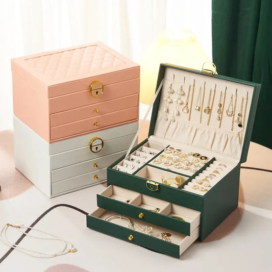 3-Layer PU Leather Jewelry Box – Lockable Organizer with Drawers for Rings, Necklaces, Earrings & Bracelets | Naturalbuilthome