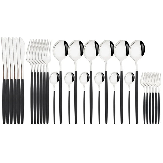 30Pcs Black Silver Cutlery Set – Stainless Steel Dinnerware with Mirror Finish | Knife, Fork & Spoon Flatware Set for Kitchen & Dining | NaturalBuiltHome