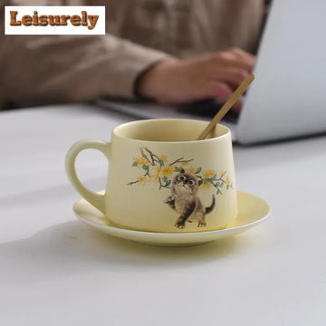 280ml Hand Drawn Cute Cat Coffee Mug With Plate Couple Handgrip Cups Afternoon Tea Mug Coffee Milk Pot Cup Saucer Kit Teaware