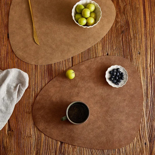 6/4pcs Cowhide Patterned Leather Placemats Round Rectangular Triangular 2color PU Pad Restaurant Dining Table Decor Mat Coaster