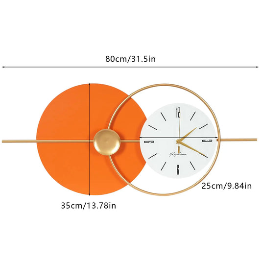 Modern Wall Clock with Silent Sweep Movement, Gold and Orange Geometric, Wall Mount 9.84-Inch Large Dial, for Living Room, Bedro