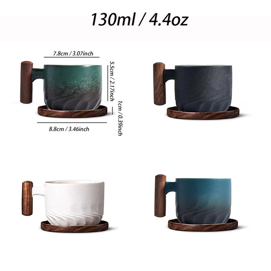 130ml Ceramic Coffee Mug With Wooden Handle Heat-resistant Kungfu Teacup With Coaster Kungfulatte Cappuccino Espresso Cup