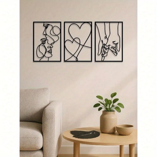 3-Piece Romantic Metal Wall Art Set: Minimalist Couple Silhouettes, Love & Kiss Line Drawings.