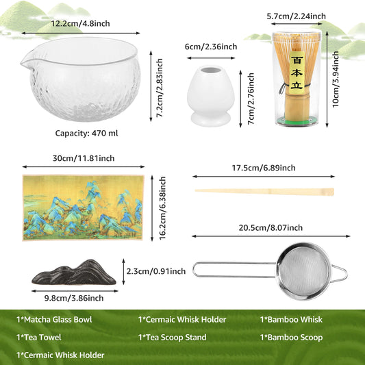 4/7Pcs Handmade Matcha Whisk Set with Glass Bowl Bamboo Spoon Ceramic Whisk Holder and Sieve Matcha Teaset Set for Matcha Lovers