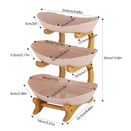 3-Tier Serving Bowls with Stand Snack Dessert Tray Plate Rack For Party Wedding Fruit Bowl with Bamboo Wood Stand 22.5*14*32cm