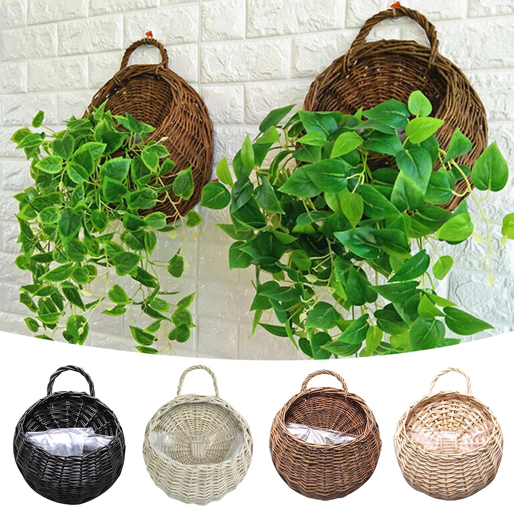 F2 Hand Made Wicker Rattan Flower Planter Wall Hanging Wicker Basket Garden Vine Pot Plants Holder Garden Pots Wall Planter