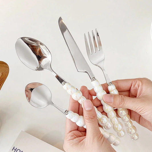 16pcs Pearl Tableware Set – Ceramic Handle Cutlery | Elegant Wedding & Home Dinnerware | NaturalBuiltHome