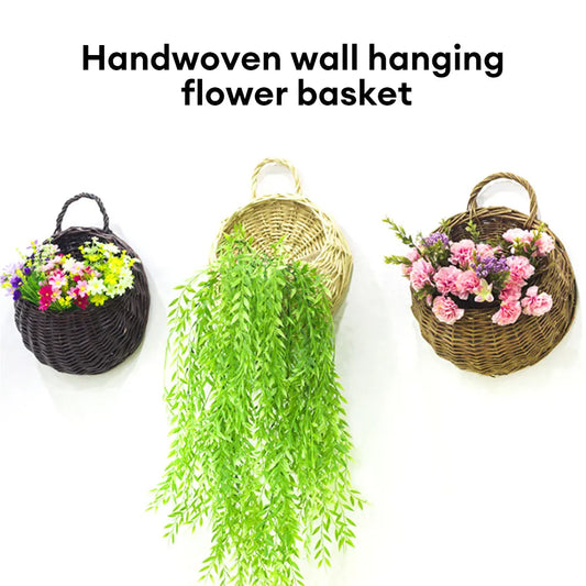 F2 Hand Made Wicker Rattan Flower Planter Wall Hanging Wicker Basket Garden Vine Pot Plants Holder Garden Pots Wall Planter