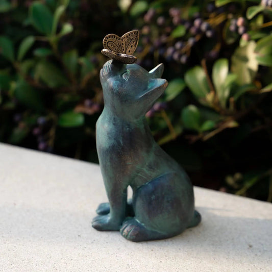 Curious Cat and Butterfly Garden Outdoor Sculpture Statue Bronze Lawn Porch Resin Figurine Home Decorations