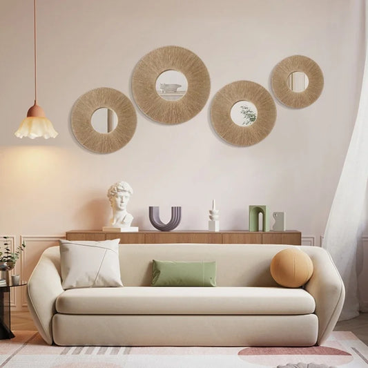 Round Decorative Wall Mirrors Farmhouse Circle Mirror with Hemp Rope Boho Mirrors for Bedroom, Bathroom, Living Room Decor Gift