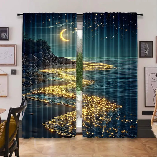 2Pcs Beach Moonlight Curtain Ocean Coastal Sea Waves Starry Night Sky Scenery Fantasy Teal