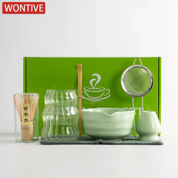 4/5/7 Piece ripple Matcha Kits Tea Set Ceramic Bowl Glass Bring a cup Bamboo Whisk Stand Chasen Matcha Tea Gift Box for Home Use