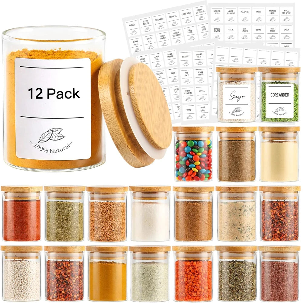 4oz Glass Spice Jars with Bamboo Lids Clear Borosilicate Glass Food Storage Containers with Wooden Airtight Lids, Cylinder Glass