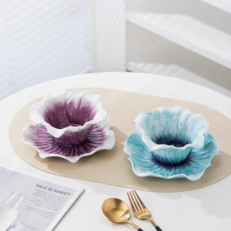 Nordic Flower Shape Mug Set Ceramic Cup Couple Afternoon Tea Coffee Cup Saucer Set Creative Home Office Tea Cup Drinkware