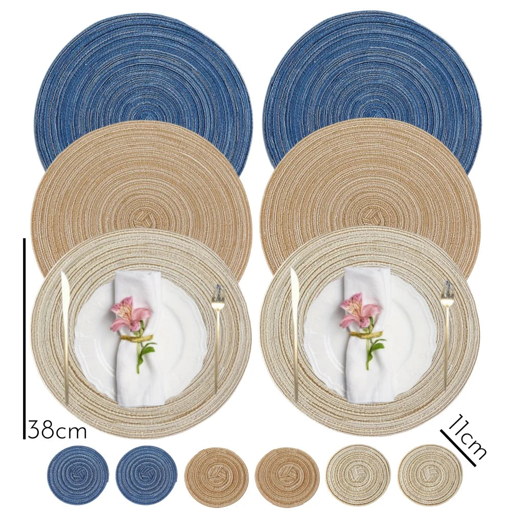 1/12pcs Round Braided Placemats 15inch Washable Table Mat with Heat Insulation Coaster for Dinner Gathering Party Kitchen-Table