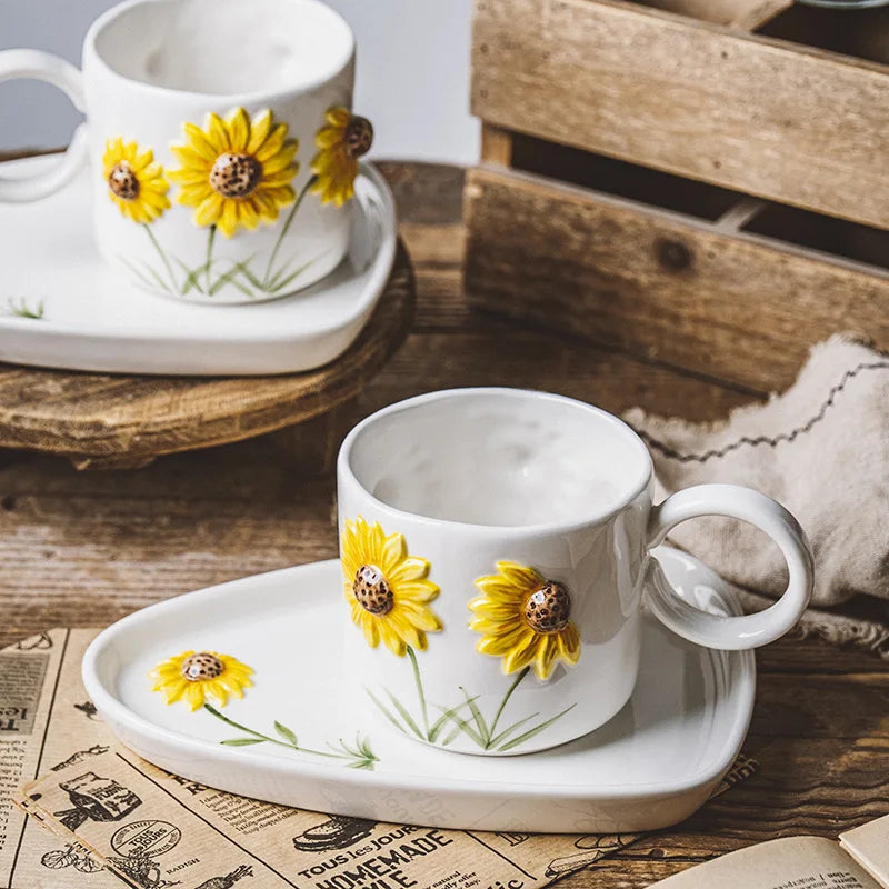 1 Set Ceramic Sunflower Coffee Mug With Dessert Plate Novelty 3D Cake Saucer Afternoon Tea Milk Teacup 430ml Microwave Safe