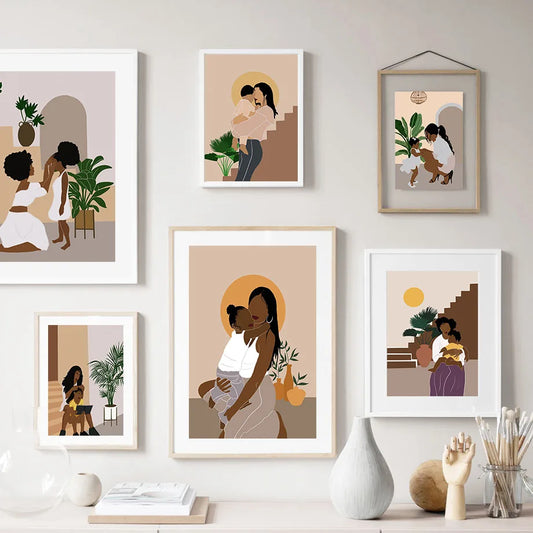 Child And Mom Canvas Painting Wall Art Mural Boho Abstract Black Women Son Girl Poster Print Wall Picture Living Room Home Decor